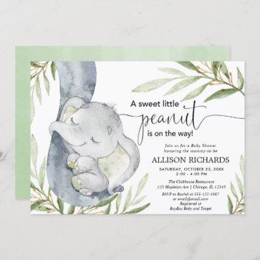 Gender neutral baby shower, elephant greenery gold invitation