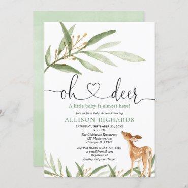 Gender neutral deer woodland greenery baby shower invitation