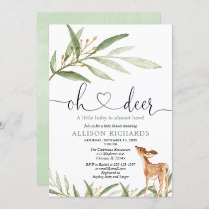 Gender neutral deer woodland greenery baby shower invitation