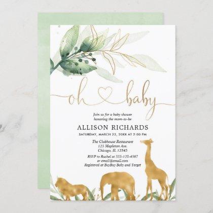 Gender neutral gold greenery safari baby shower invitation