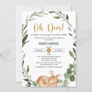 Gender neutral Oh deer greenery gold baby shower Invitation