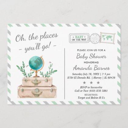 Gender Neutral Travel Adventure Mint Baby Shower Invitation