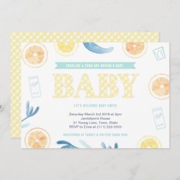 Gender Neutral Yellow Aqua Citrus Baby Shower Invitation