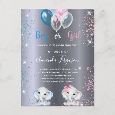 Gender reveal baby shower elephant silver glitter invitation postcard