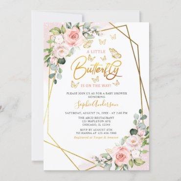 Geometric Blush Gold Floral Butterfly Baby Shower Invitation