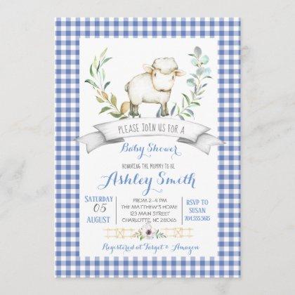 Gingham farm sheep baby shower invitation