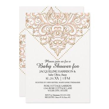 Girl Baby Shower Damask Pattern Rose Gold Dot Lace