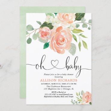Girl baby shower floral watercolors peach greenery invitation