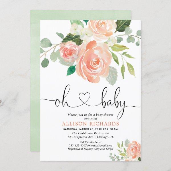 Girl baby shower floral watercolors peach greenery