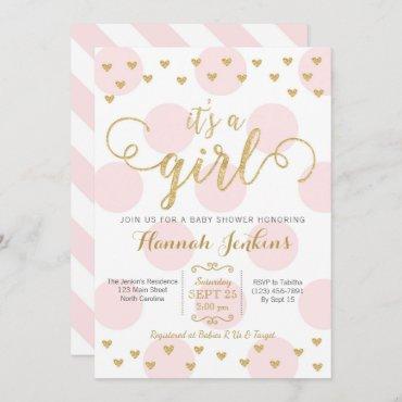 Girl Baby Shower Invitation Pink & Gold Hearts