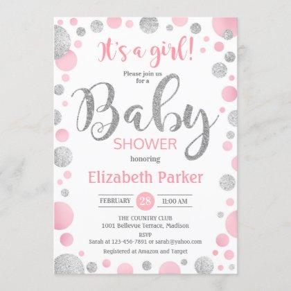 Girl Baby Shower Invitation - Pink Silver Dots