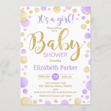 Girl Baby Shower Invitation - Purple Gold Dots