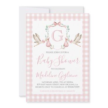 Girl Baby Shower Pink Gingham Stork Monogram