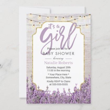 Girl Baby Shower Rustic Lavender String Lights Invitation