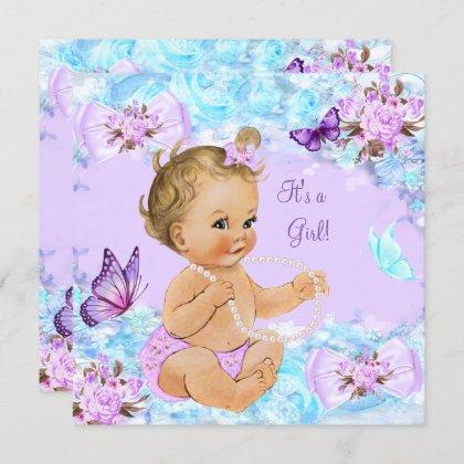 Girl Baby Shower Teal Purple Butterfly Blonde Invitation