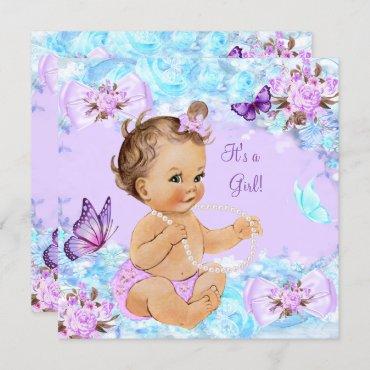 Girl Baby Shower Teal Purple Butterfly Brunette