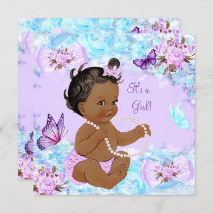 Girl Baby Shower Teal Purple Butterfly Ethnic Invitation