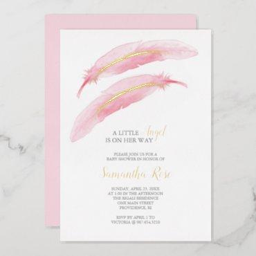 Girl Baby Shower Watercolor Pink Feather Foil