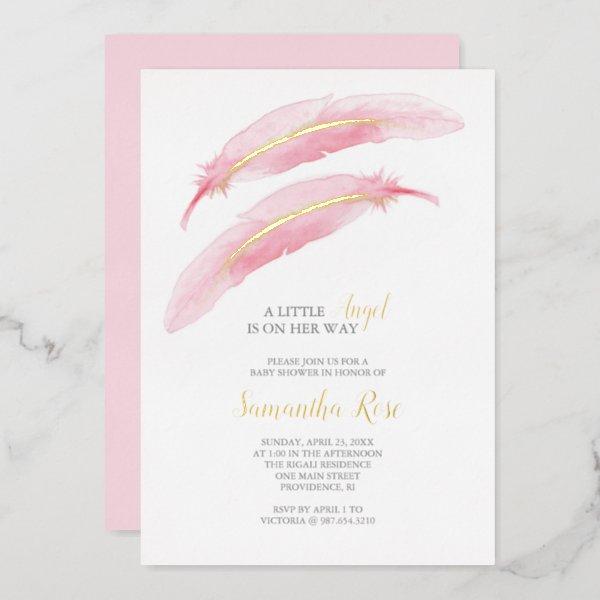 Girl Baby Shower Watercolor Pink Feather Foil