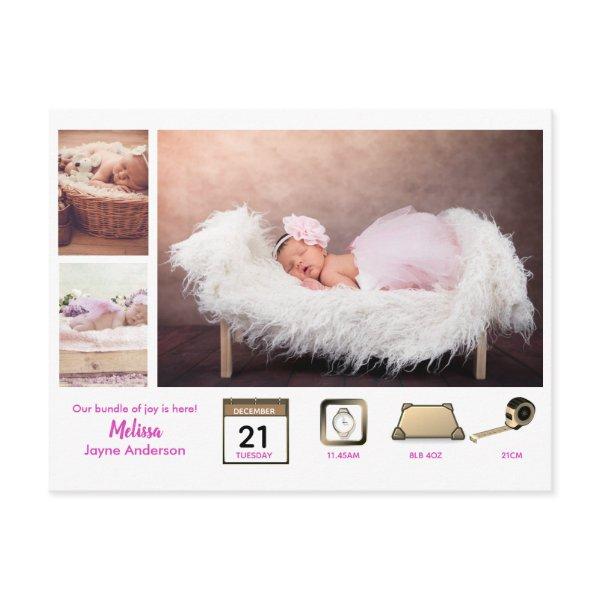 Girl BABY STATS Photo Collage Modern Pink Postcard