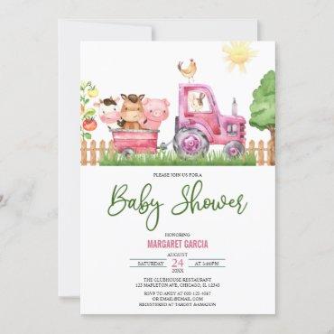 Girl Barnyard Pink Farm Animals Baby Shower Invitation