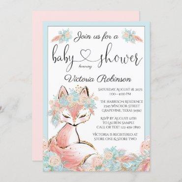 Girl Boho Fox Pink Teal Gold Baby Shower Invitation