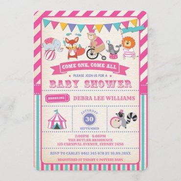Girl Carnival Circus Animals Baby Shower Invite