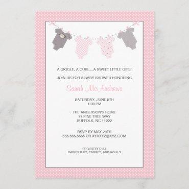Girl Clothesline Baby Shower Invite Pink Gray