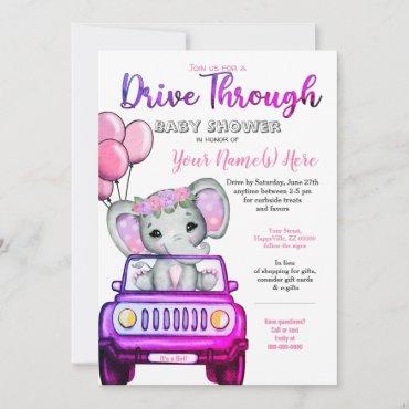 Girl Drive By Baby Shower Elephant Pink Purple