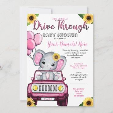 Girl Drive By Baby Shower Elephant Sunflower