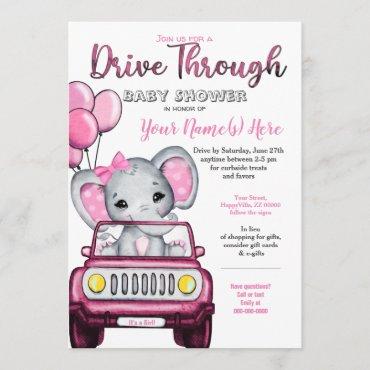 Girl Drive Through Baby Shower Elephant in Car Invitation