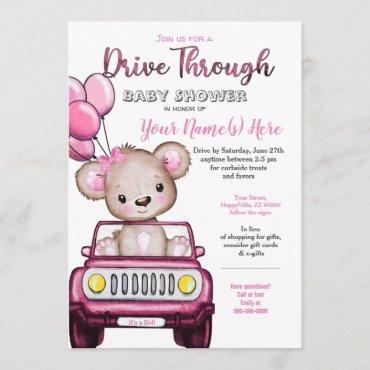 Girl Drive Through Baby Shower Teddy Bear Invitation