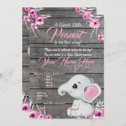 Girl Elephant Baby Shower Invitation, rustic, pink Invitation