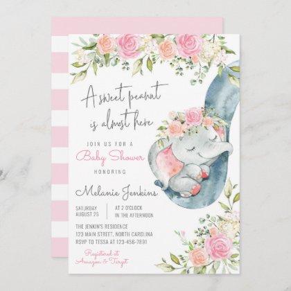 Girl Elephant Floral Baby Shower Invitation