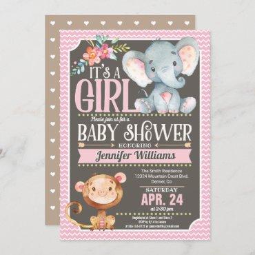 Girl Elephant & Monkey Baby Shower Invitation