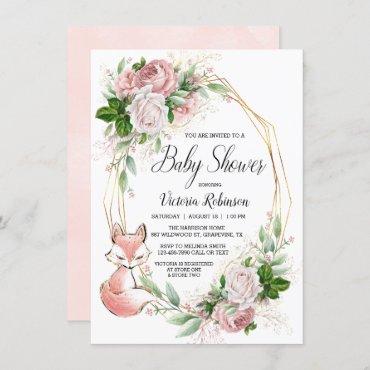 Girl Fox Watercolor Floral Baby Shower Invitation