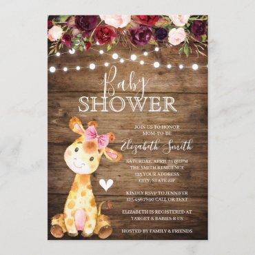 Girl Giraffe Baby Shower Rustic Wood Floral Invitation