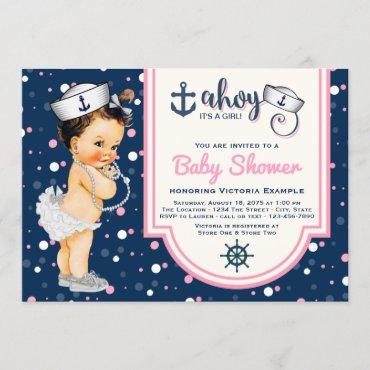 Girl Nautical Baby Shower Pink Navy Blue Nautical Invitation