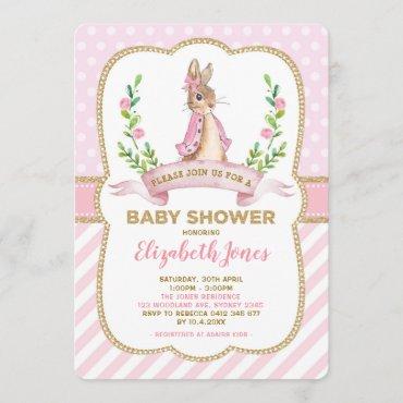 Girl Pink Gold Floral Bunny Rabbit Baby Shower Invitation