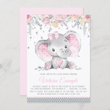 Girl Pink Gray Elephant Diamond Baby Shower Invitation