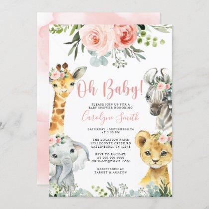 Girl Safari Animal Baby Shower Invitation Greenery