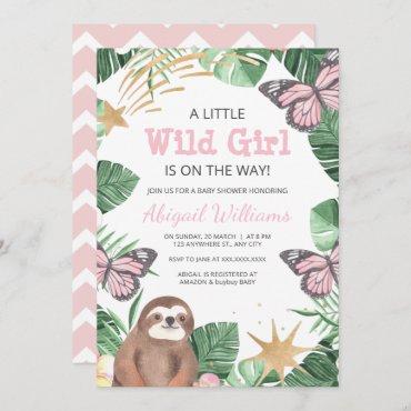 Girl / Sloth / Butterfly / Faux Gold Baby Shower Invitation