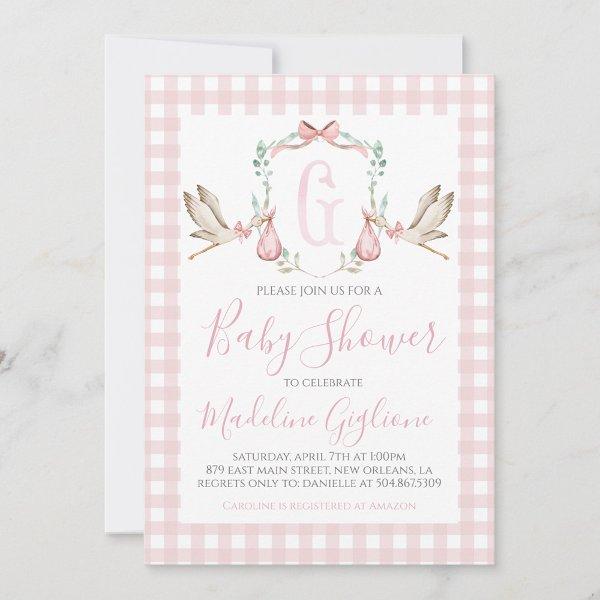 Girl Stork Baby Shower Preppy Gingham Pink