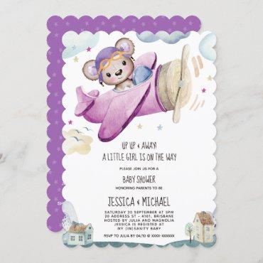 Girl Teddy Bear Airplane Baby Shower Invitation