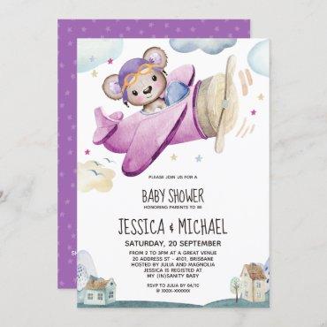 Girl Teddy Bear Airplane Baby Shower Invitation