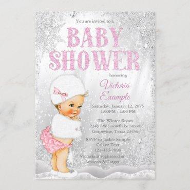 Girl Winter Wonderland Baby Shower Pink Snowflake Invitation