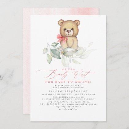 Girl's Bear Watercolor Greenery Baby Shower Invitation
