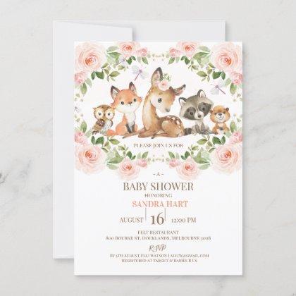 Girls Floral Frame Woodland Baby Shower Invitation