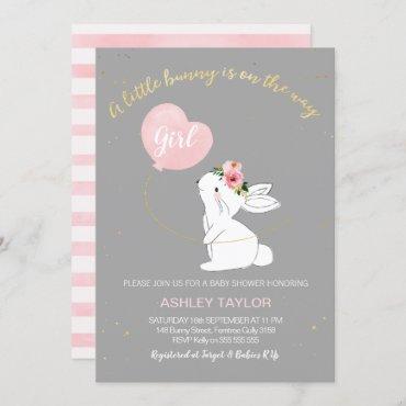 Girls Gray Pink Bunny Baby Shower invitation