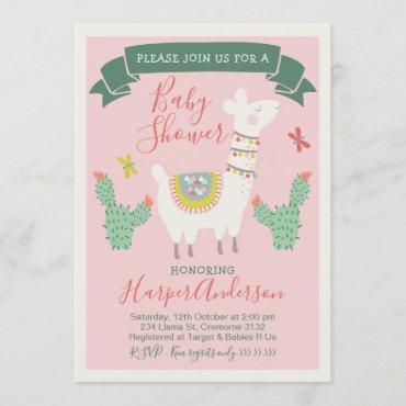 Girls Llama And cactus Baby Shower Invitation